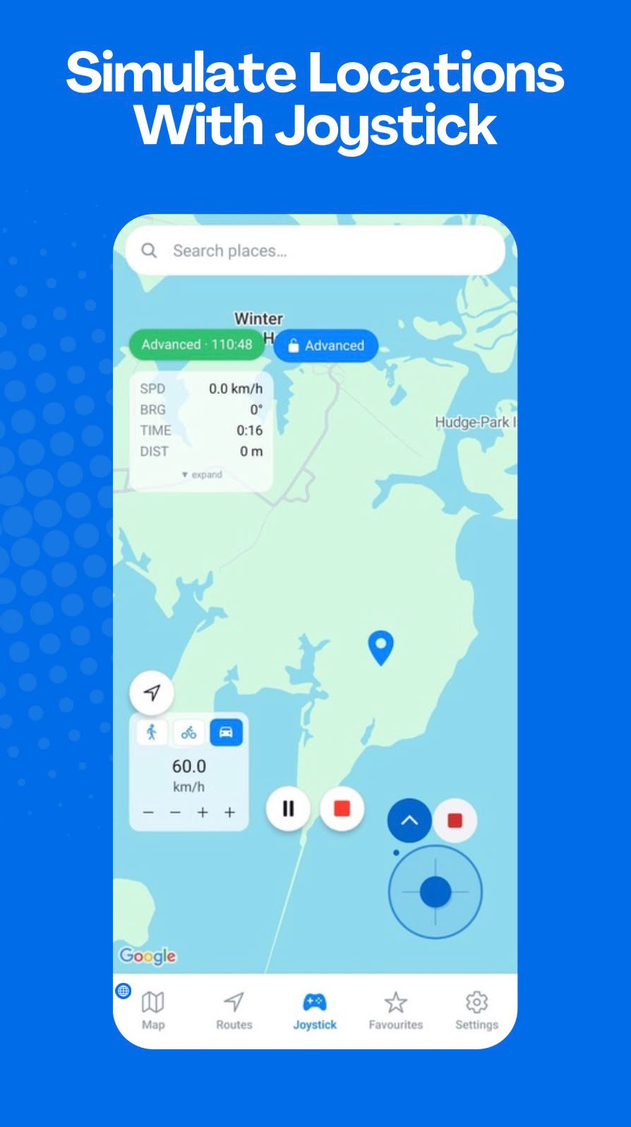 GPS Emulator - Routes & Joystick control with live speed, bearing and distance readout