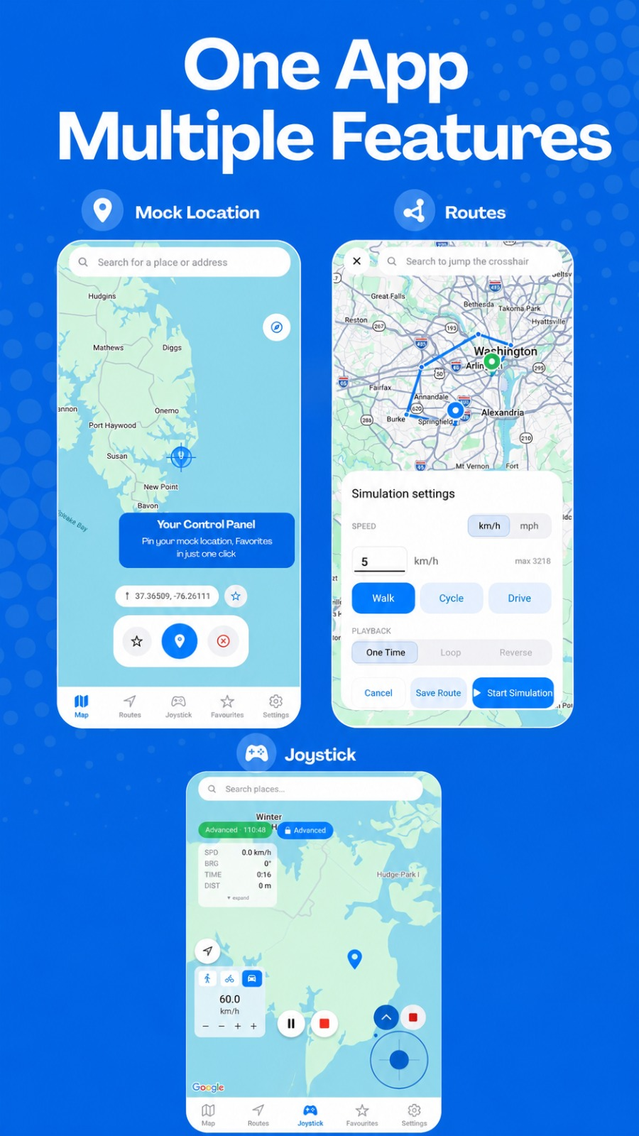 GPS Emulator - Routes & Joystick — one app, multiple features: mock location, routes, and joystick