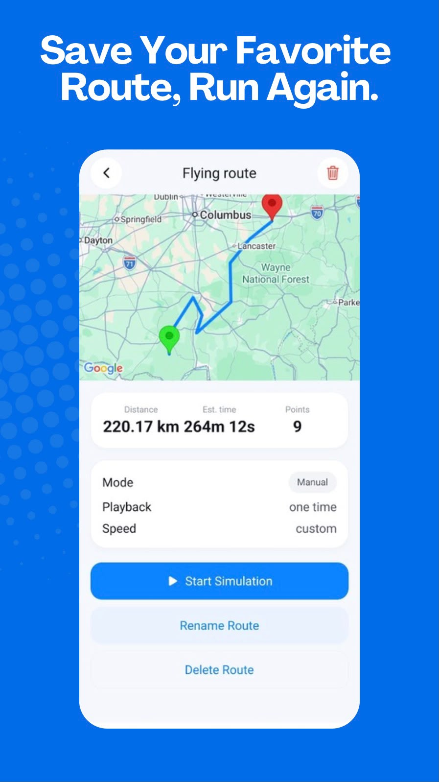 GPS Emulator - Routes & Joystick saved route — Flying route between Columbus and Alexandria